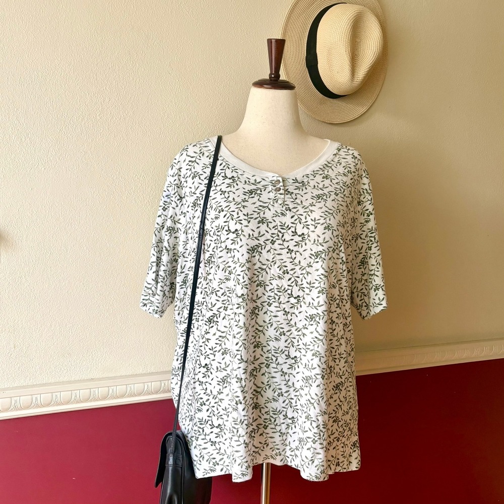 Vintage Just My Size Henley Top Green Leaf Print Short Sleeve‎ Cotton Blend 26W